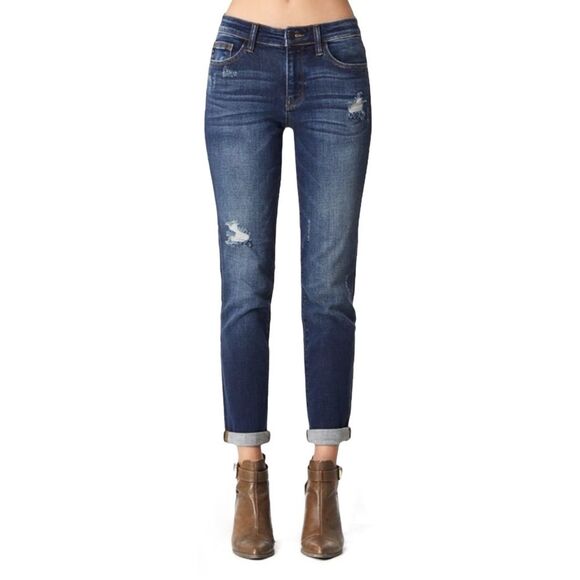 Judy Blue Slim Tapered Jeans Dark Wash Distressed Denim Straight Leg Size 26 | 2 - Picture 4 of 13